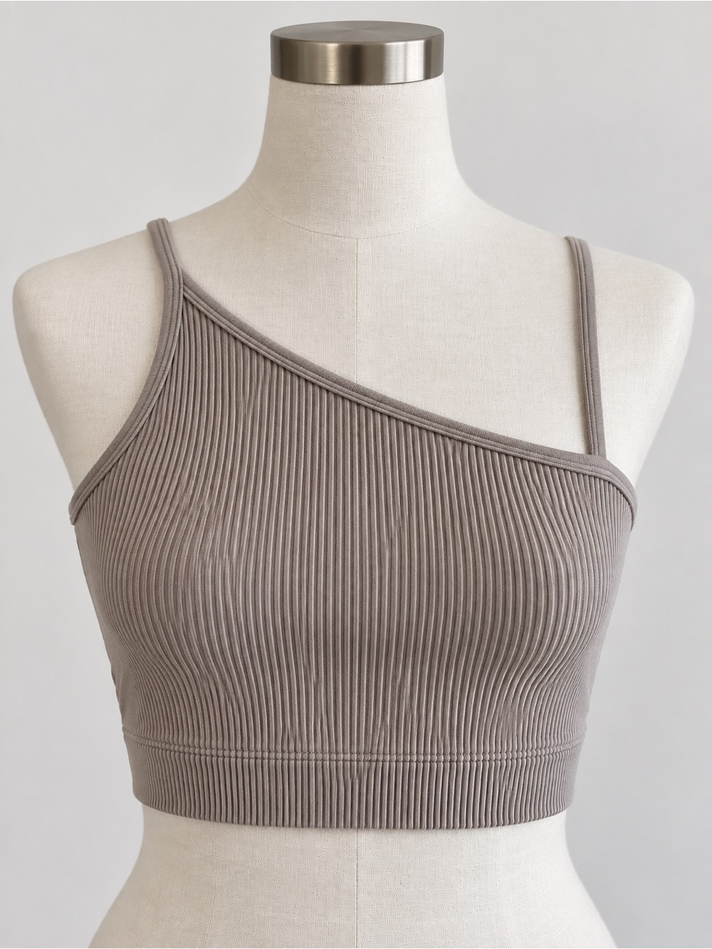 Ribbed One-Shoulder Crop Top - Taupe